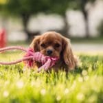 Small dog with toy in mouth