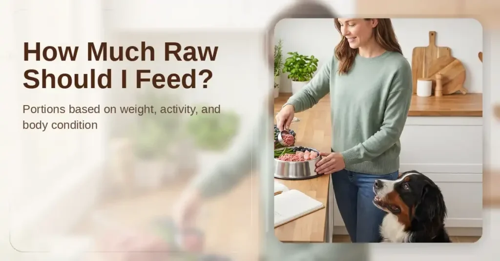 Image of woman mixing raw food with dog waiting